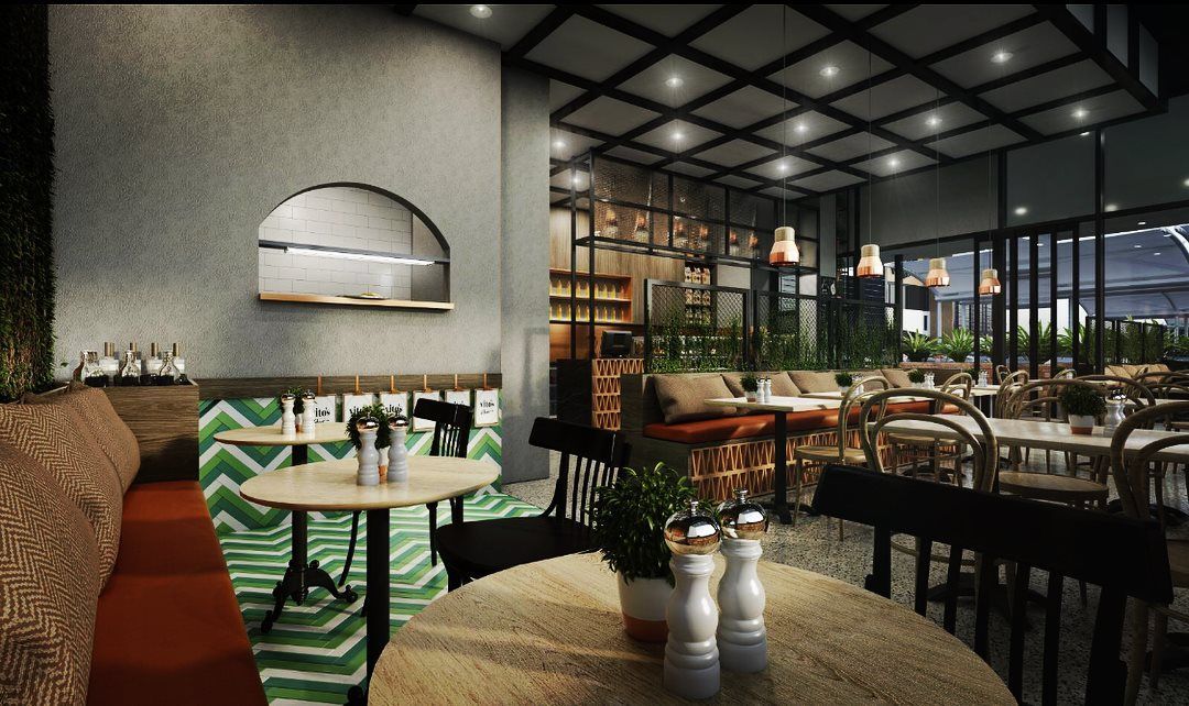 An artist 's impression of a restaurant with tables and chairs.