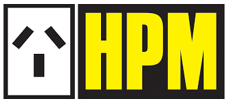 The logo for hpm is yellow and black and has a square in the middle.