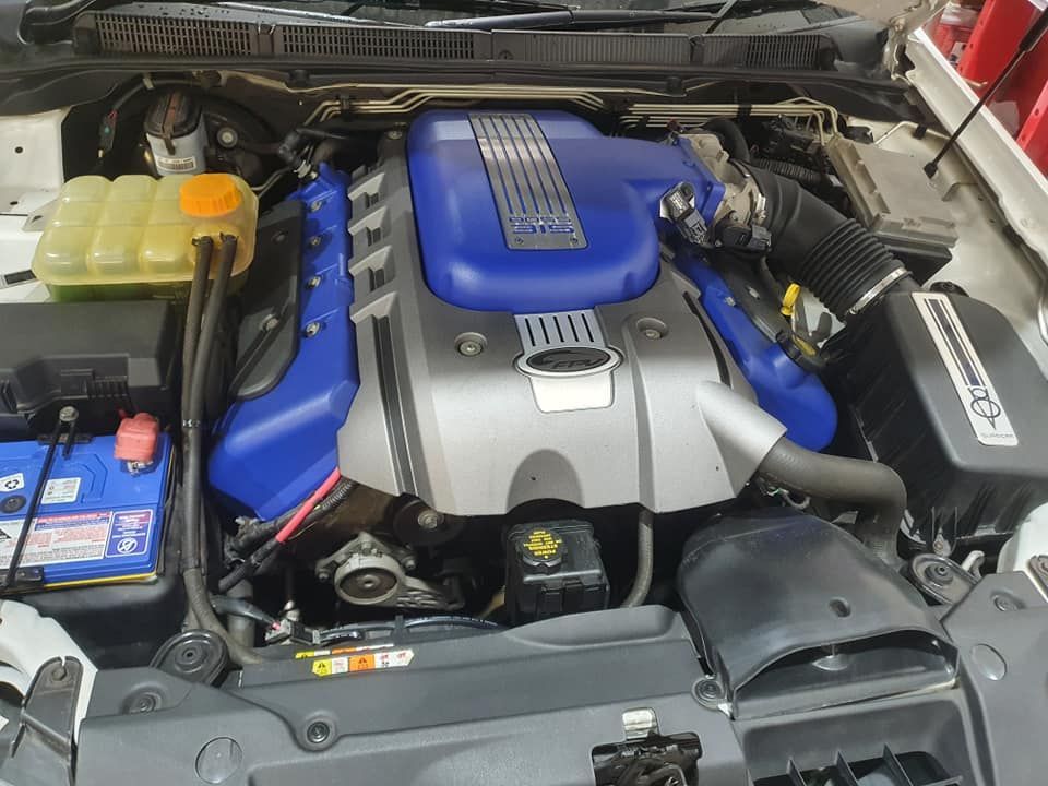 Ford Falcon Engine Bay, Blue and Silver Engine — Motorhead Garage in Tweed Heads, QLD