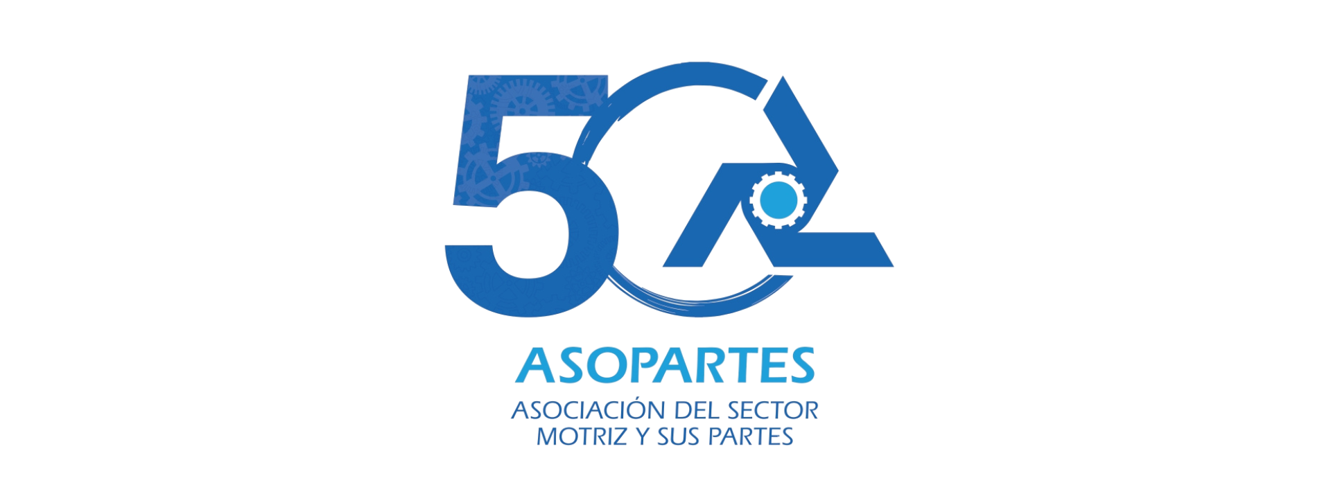 Logotipo para el 50 aniversario de ASOPARTES, que presenta el número 50 en azul y texto sobre un fondo blanco.