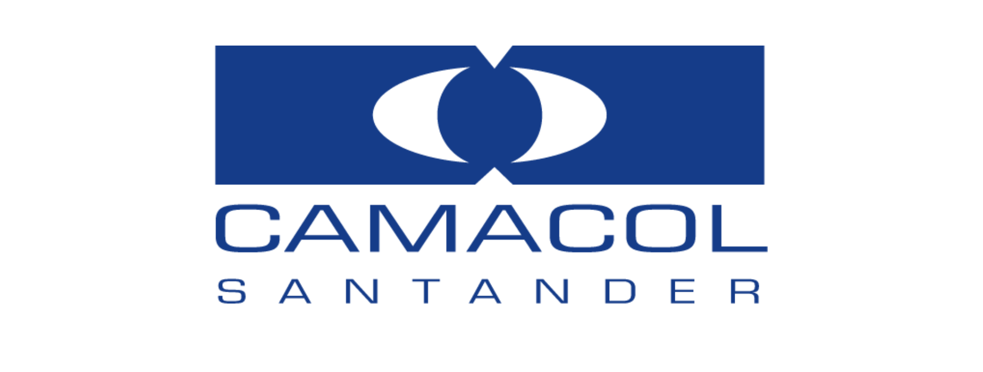 Logotipo de CAMACOL Santander: un rectángulo azul que contiene un icono abstracto blanco sobre el texto azul 