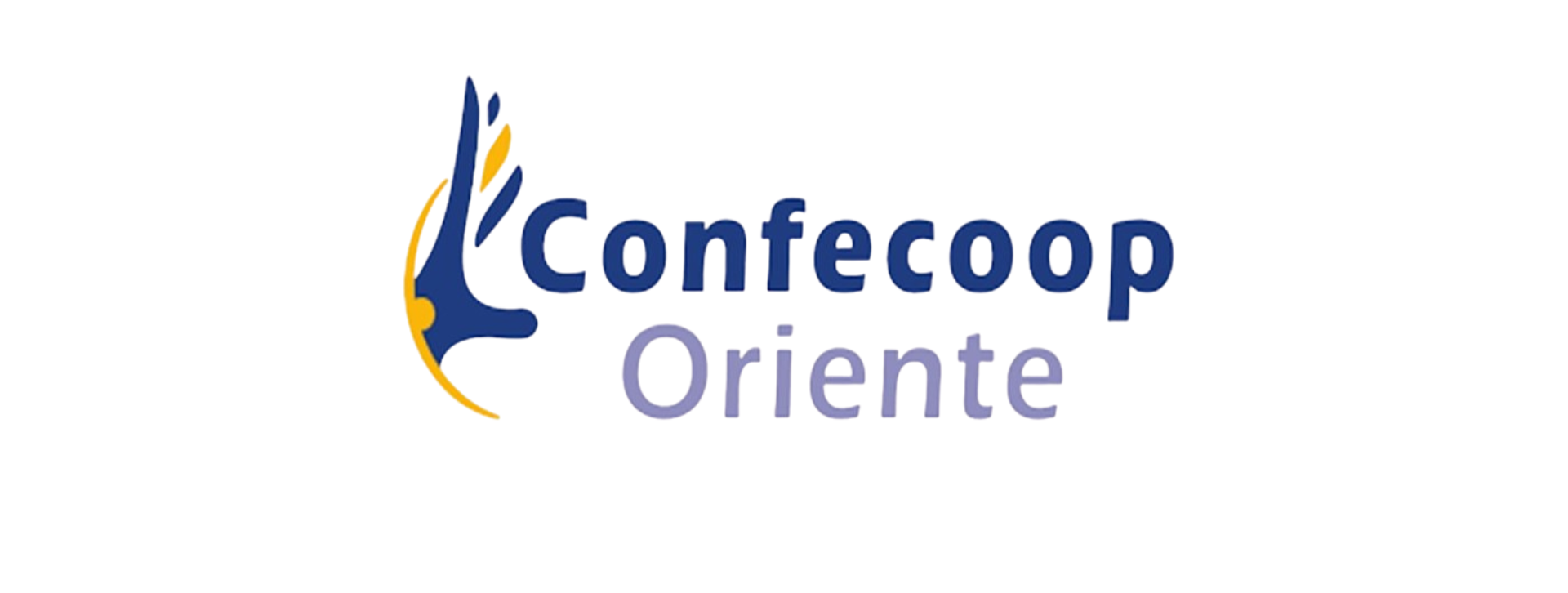 Logotipo de Confecoop Oriente que presenta un gráfico abstracto azul y amarillo junto al texto azul oscuro Confecoop Oriente.