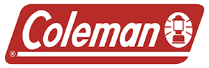 Coleman logo on a red rounded rectangular background. Features white text and lantern graphic.