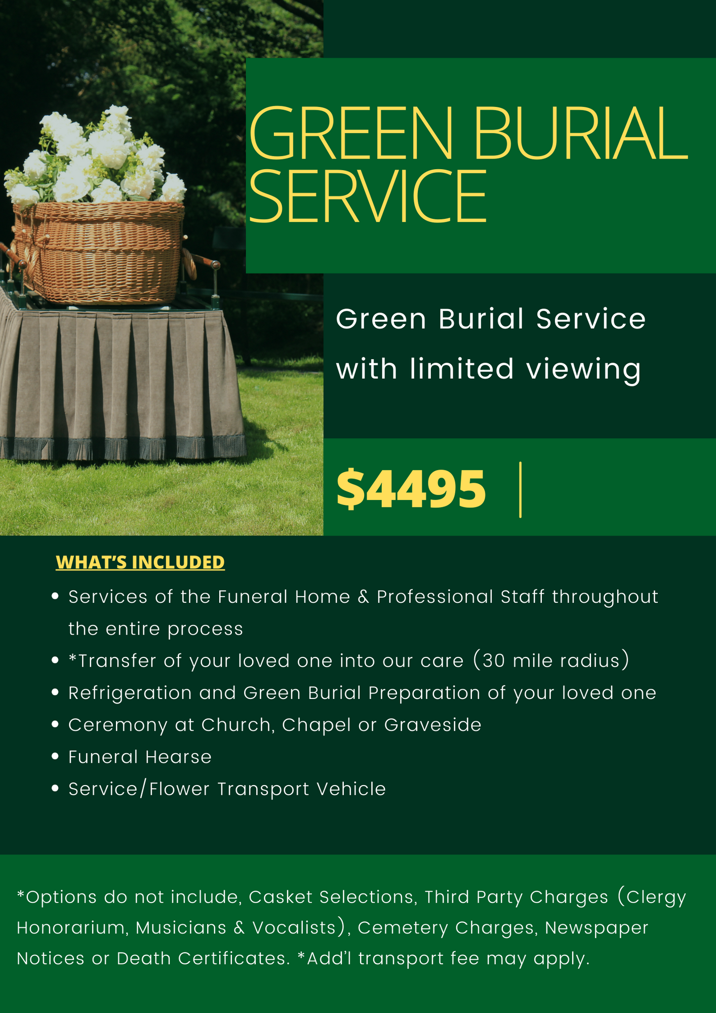 Green Burial Service flyer with basket of flowers, dark green background, and $4495 price