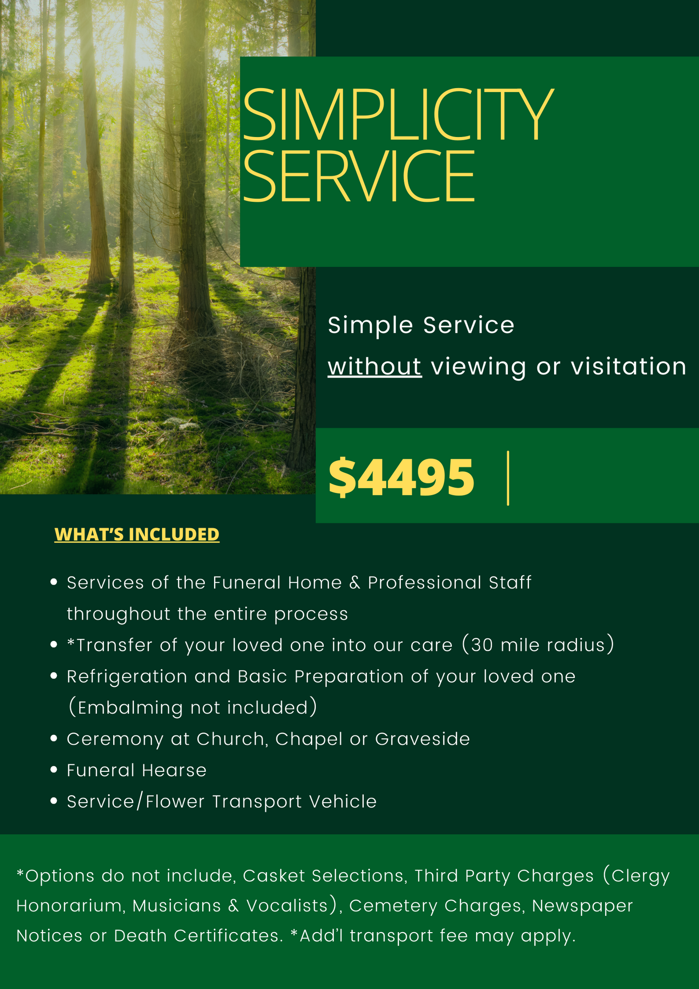 Green forest path and service flyer for “Simplicity Service” with $4495 price and listed inclusions