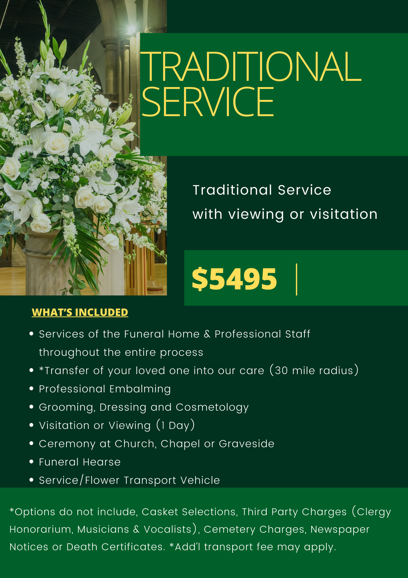 Green floral funeral service flyer with white bouquet, “Traditional Service,” and price $5495
