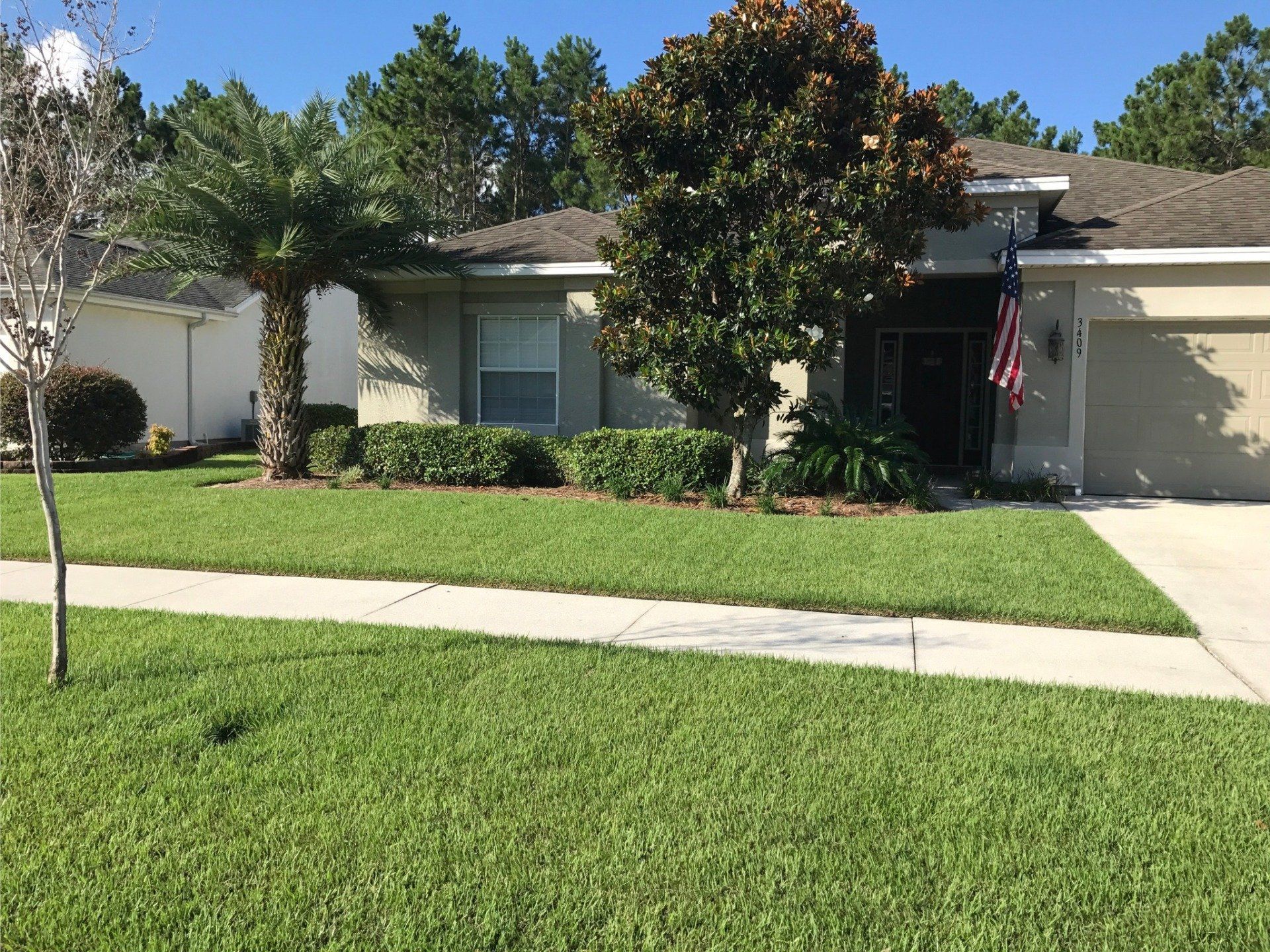 House with trees and flag - Panama City, FL - Noles Scapes