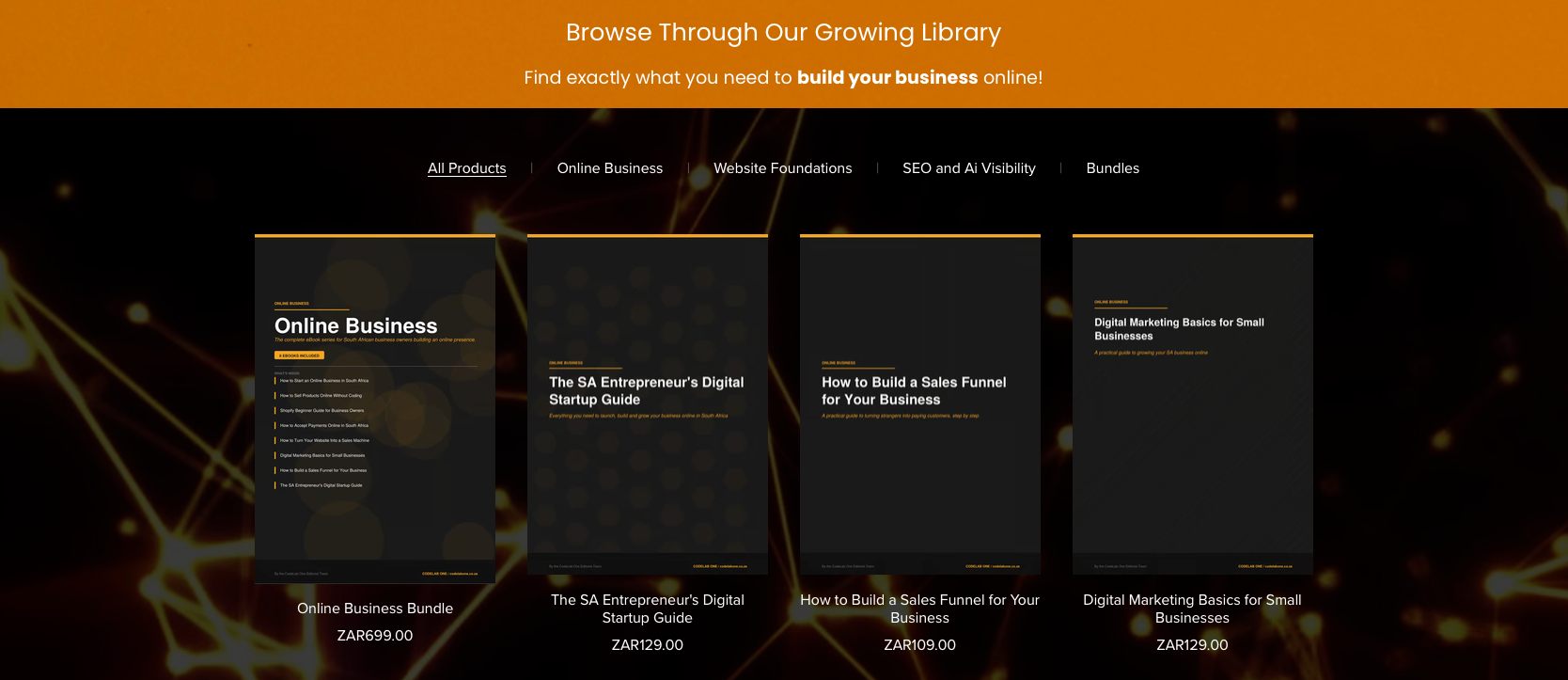 Dark-themed webpage with an orange header and four content cards centered on the screen