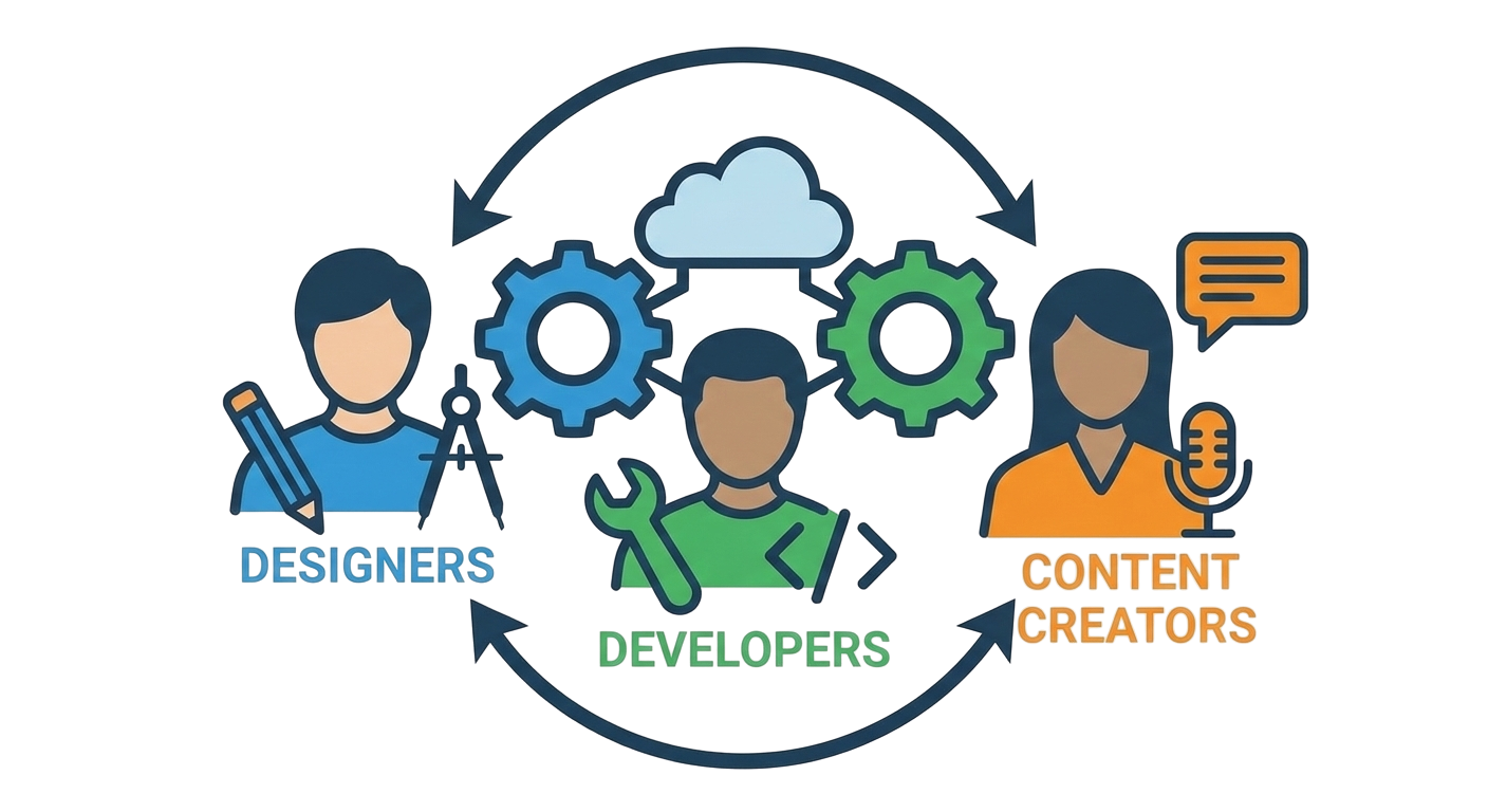 Teamwork: Designers, developers, and content creators collaborating on a circular workflow.