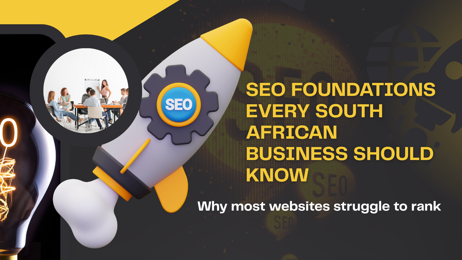 A digital graphic features a rocket, a gear with