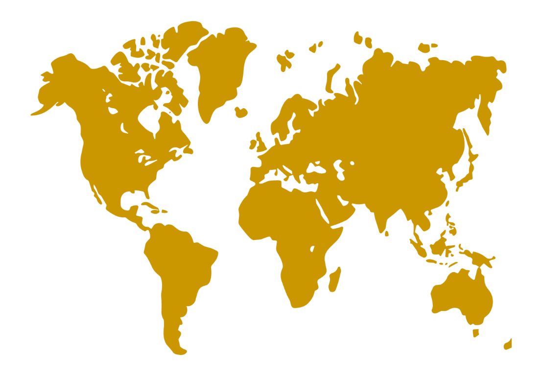 Gold-colored map of the world, outlining the continents on a white background.