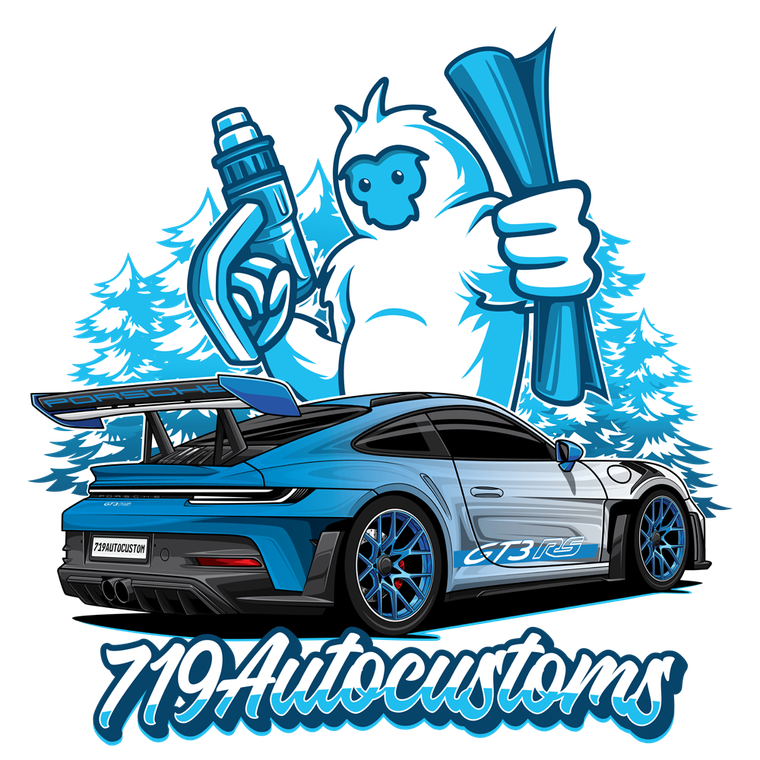 Blue-and-white cartoon car customization logo with a stylized mascot holding detailing tools and “719Autocustoms” text