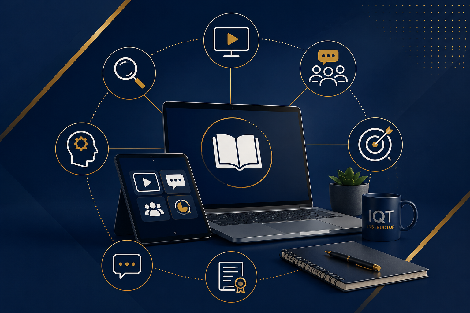 Online learning concept with laptop, graduation cap, and connected education icons on white background