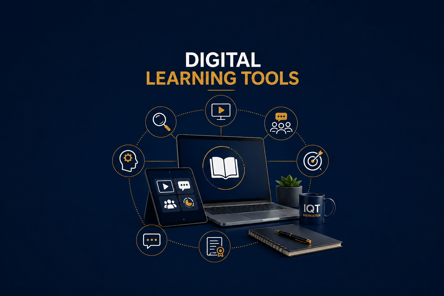 Online learning concept with laptop, graduation cap, and connected education icons on white background