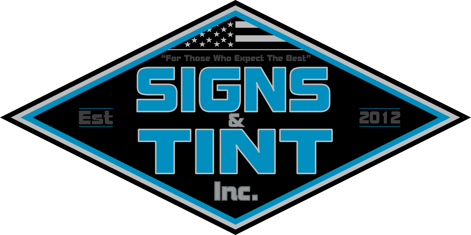 A black diamond-shaped logo with blue accents reads "SIGNS & TINT Inc." with an American flag icon and "Est 2012."
