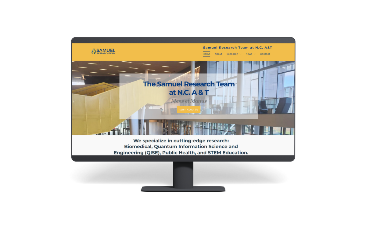 An example of a website we designed for a research group with yellow and blue design and a modern facility background.