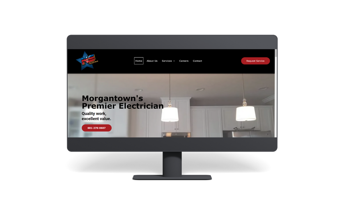 An example of a website we designed for an electrician with red and black design and a kitchen lighting as the background