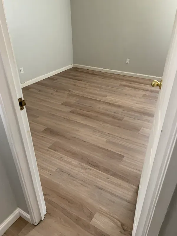 A room with hardwood floors and gray walls.