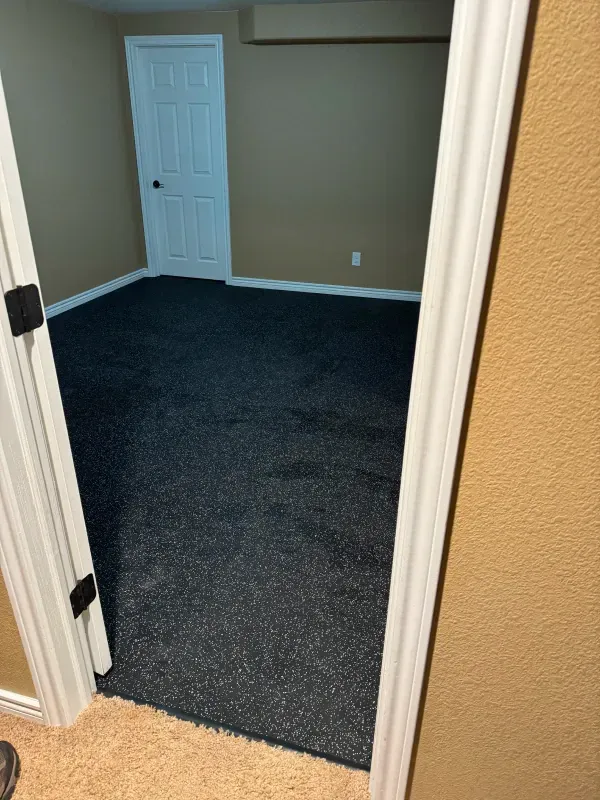 A room with a carpeted floor and a door.