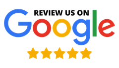 A google logo with five stars and the words `` review us on google ''