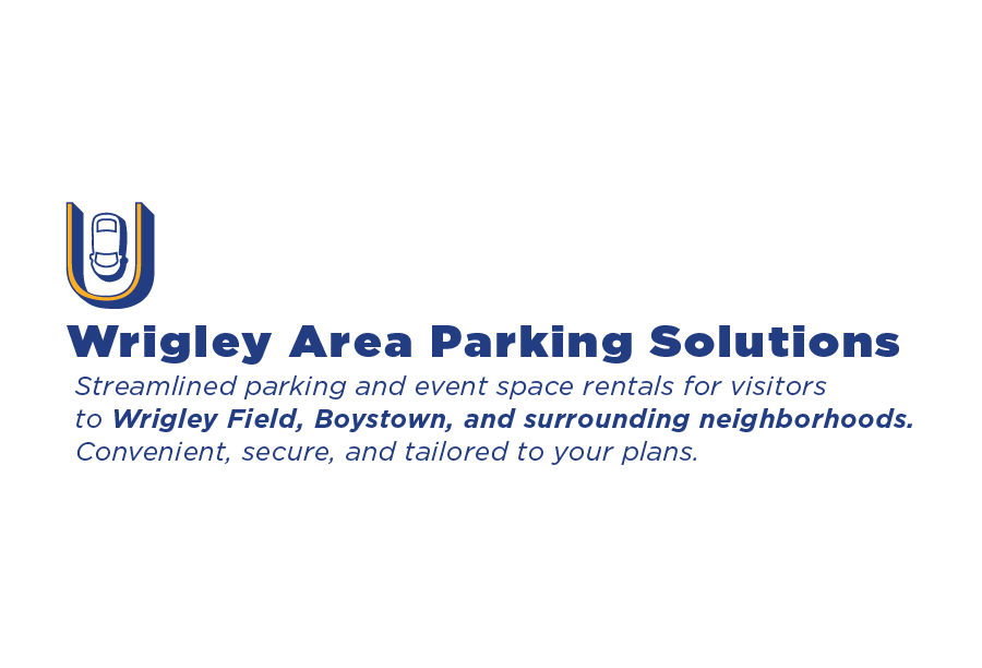A blue and white logo for wrigley area parking solutions