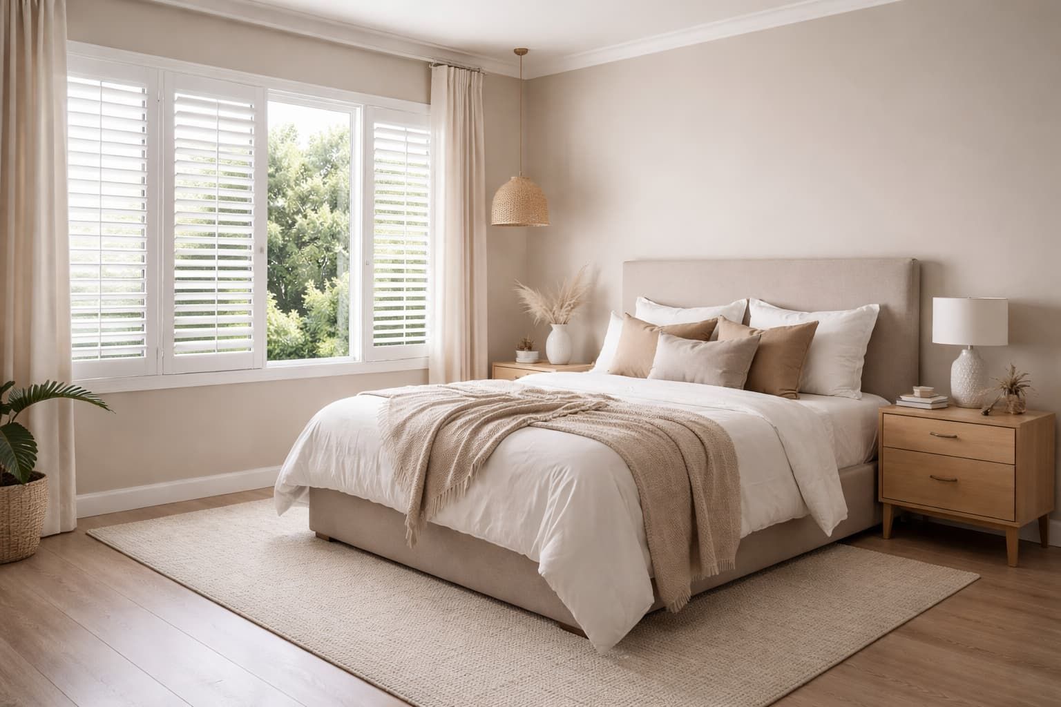 Plantation shutters in a modern Shepparton bedroom