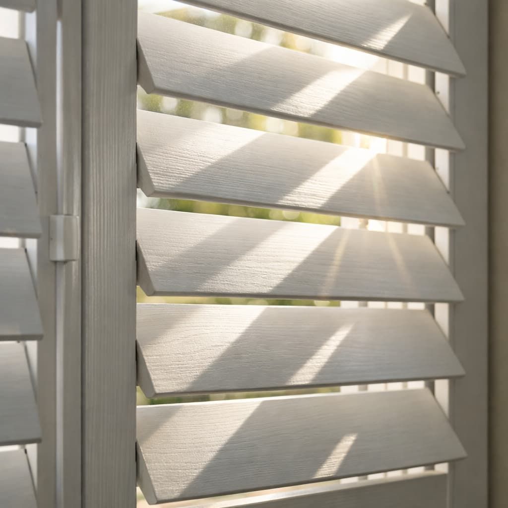 Close-up of plantation shutters with adjustable louvres