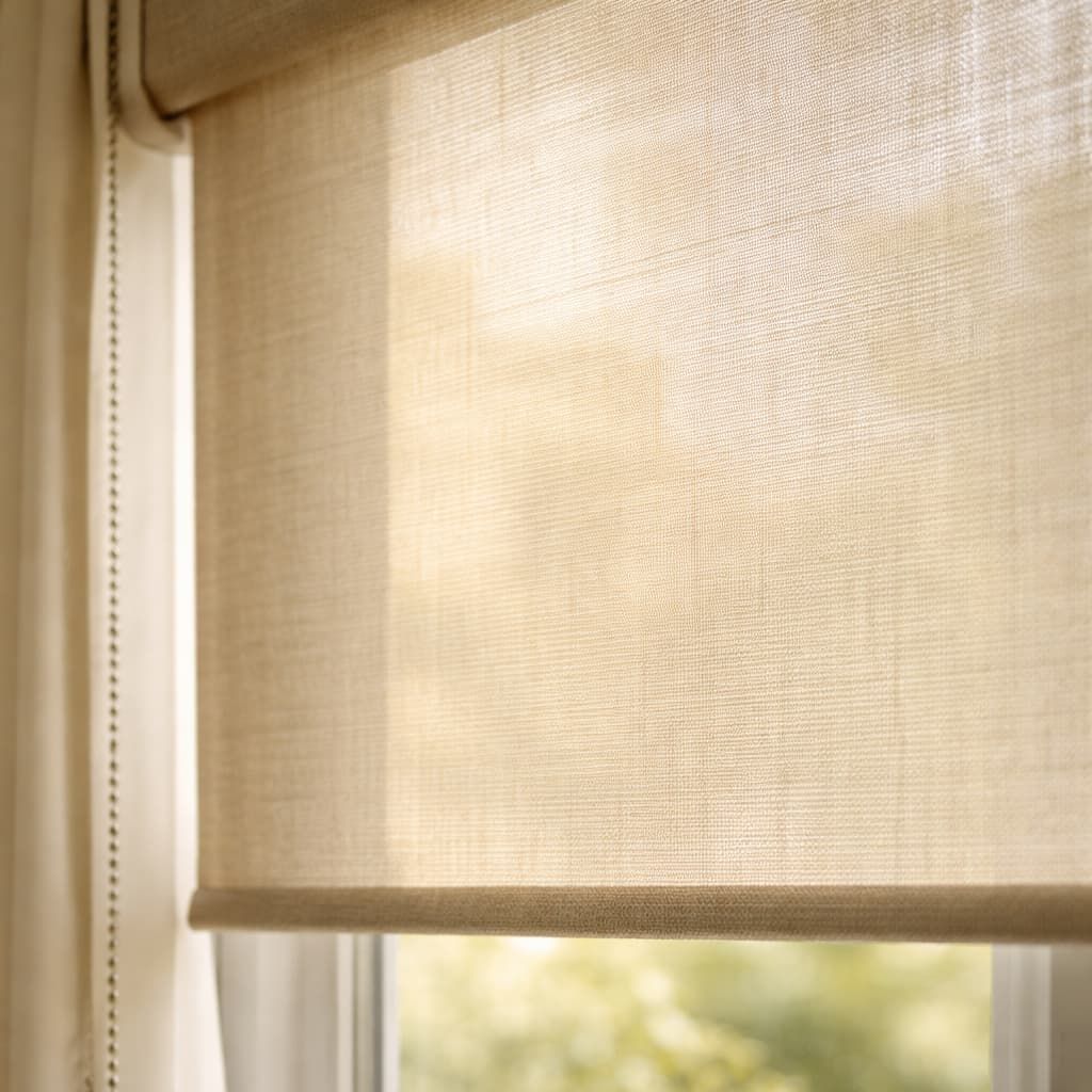 Close-up of roller blind fabric filtering sunlight