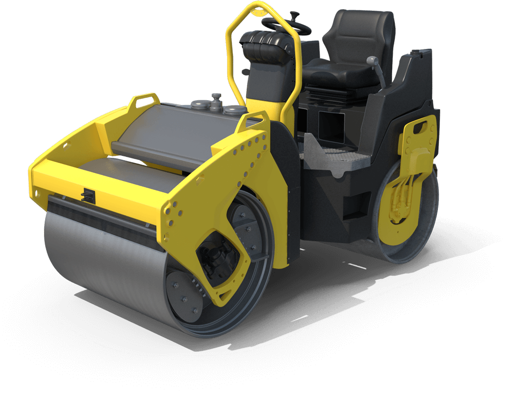 Yellow and black road roller with gray drum and seat.