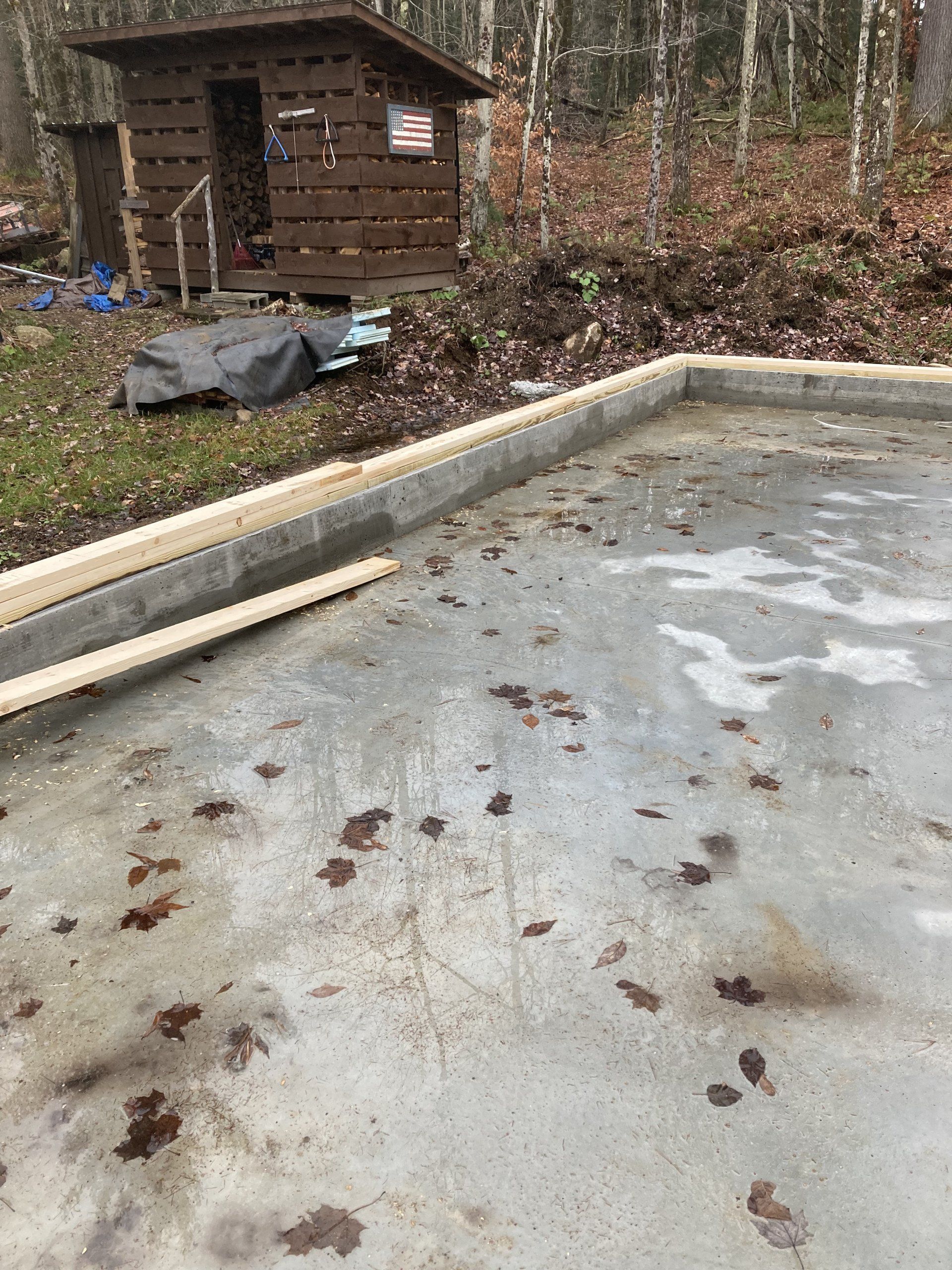 A concrete floor with a wooden shed in the background.