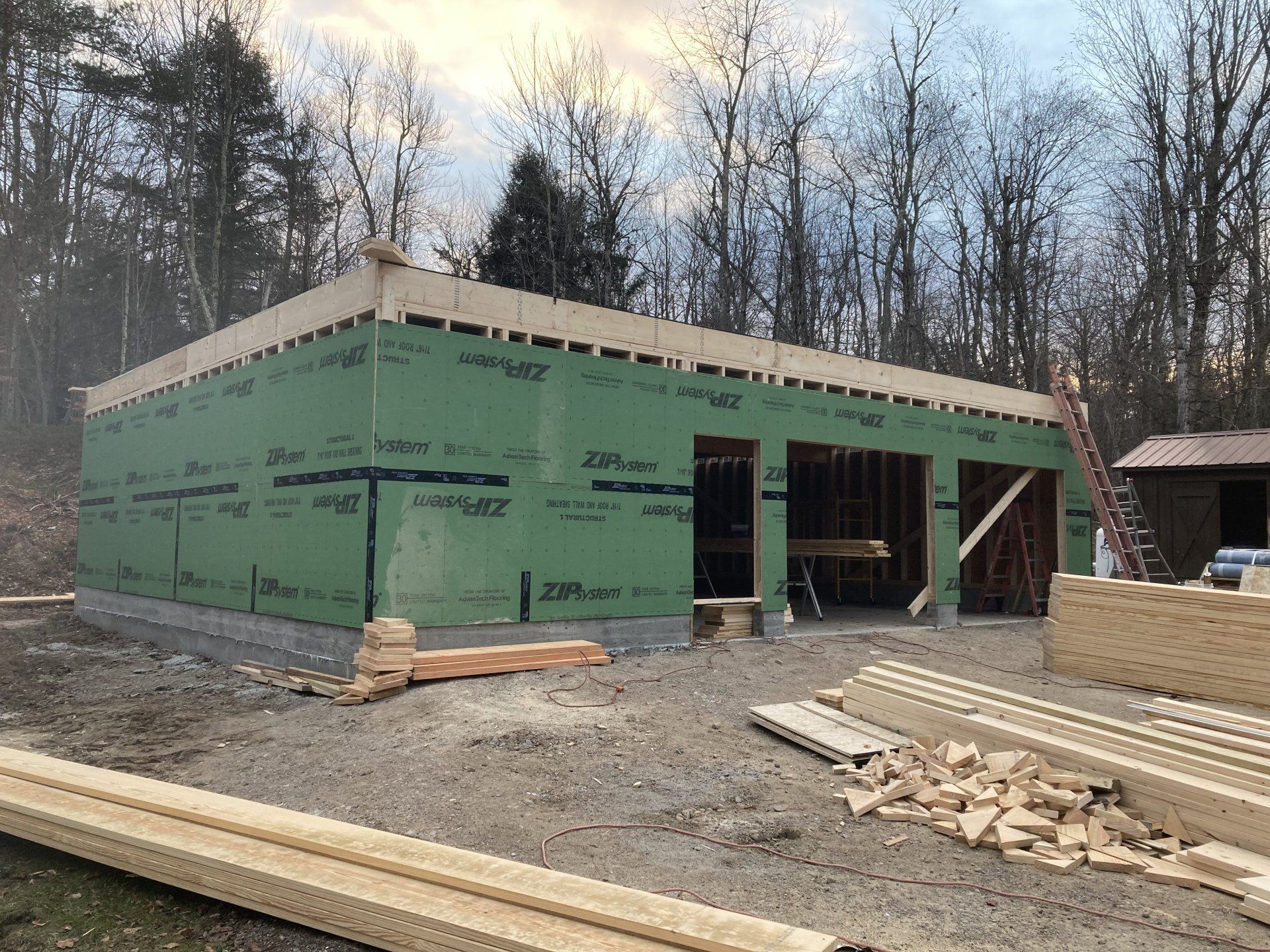 A building is being built in the middle of a forest.