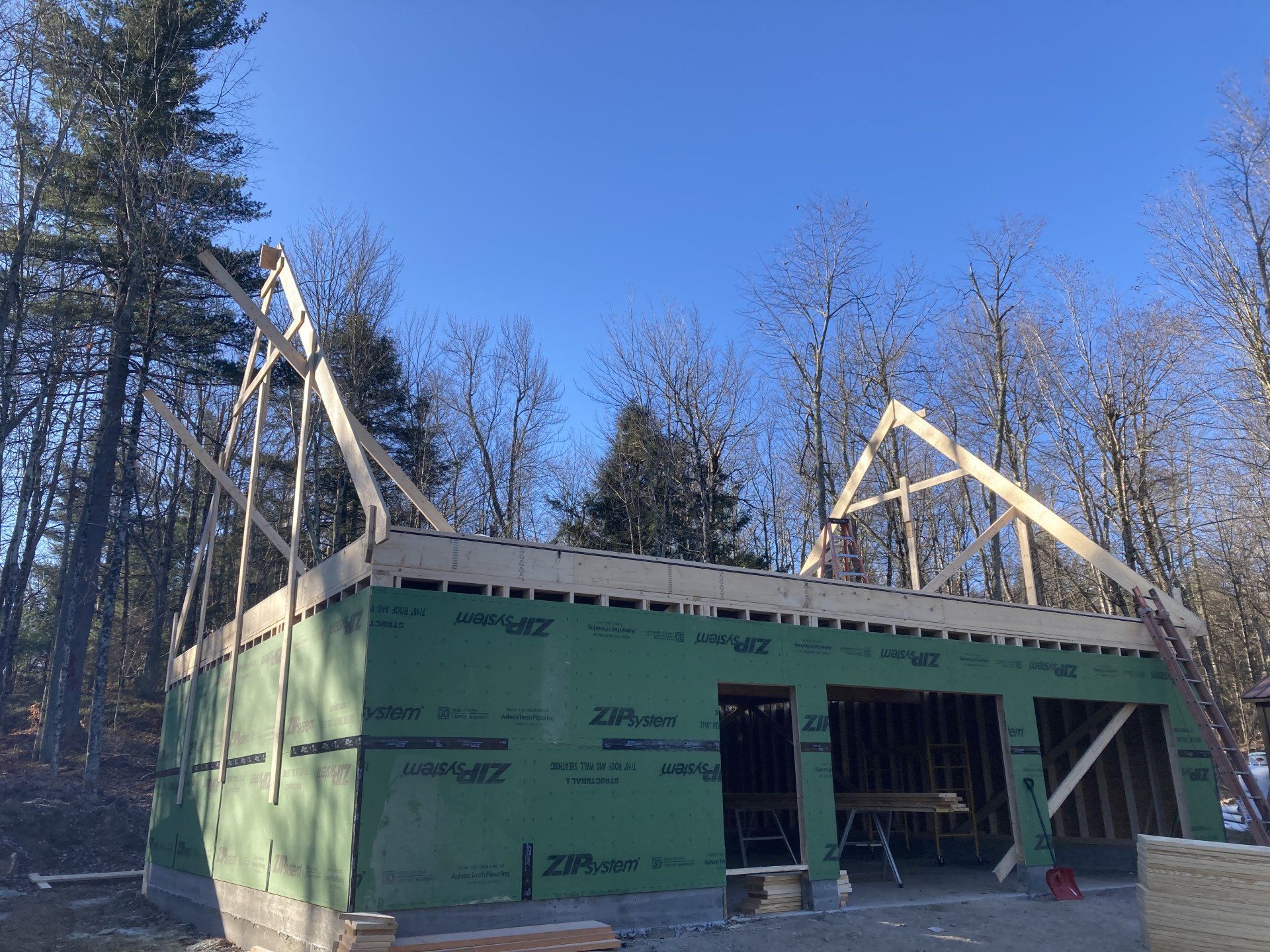 A house is being built in the woods with a blue sky in the background.