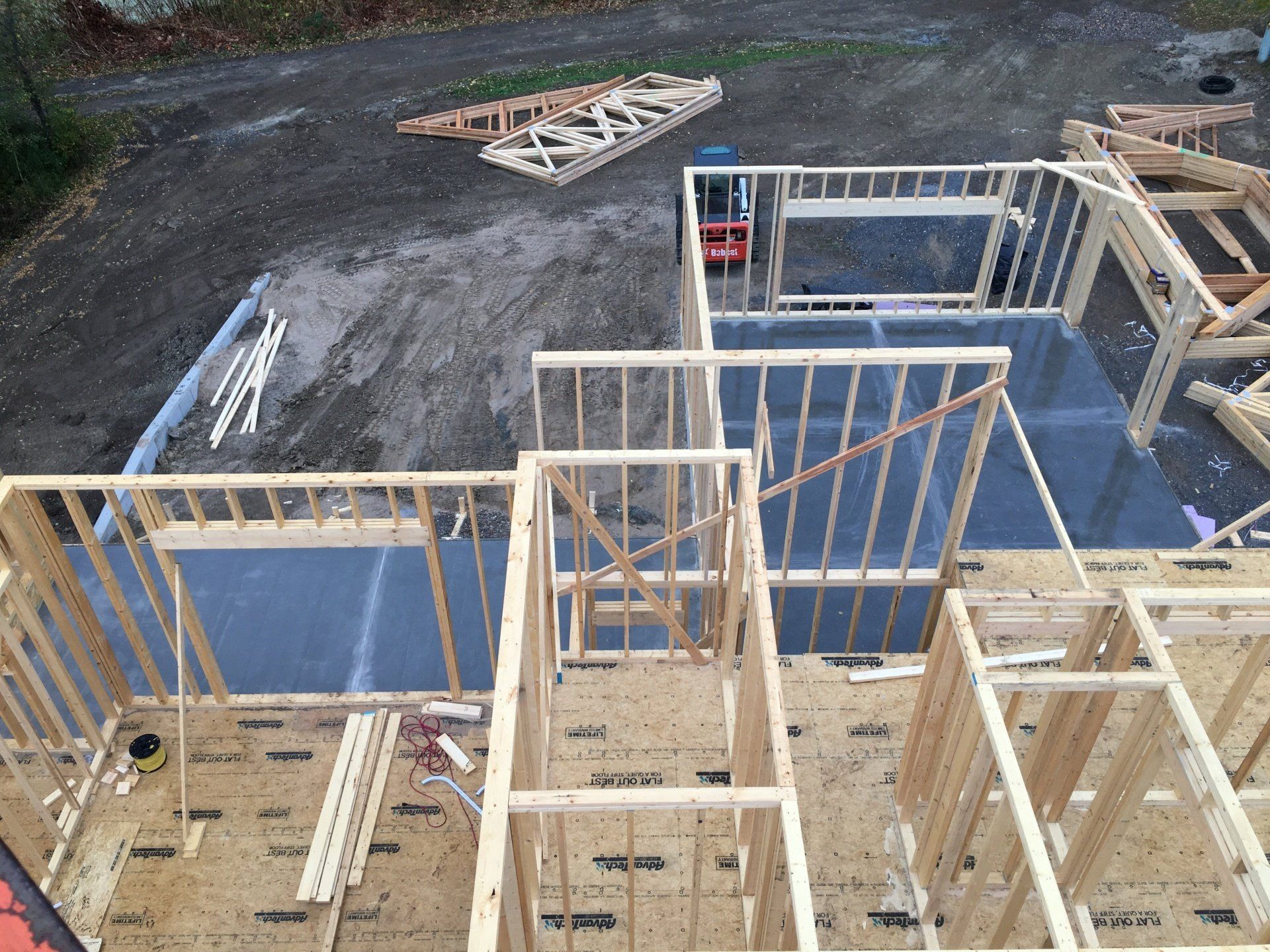 An aerial view of a house under construction