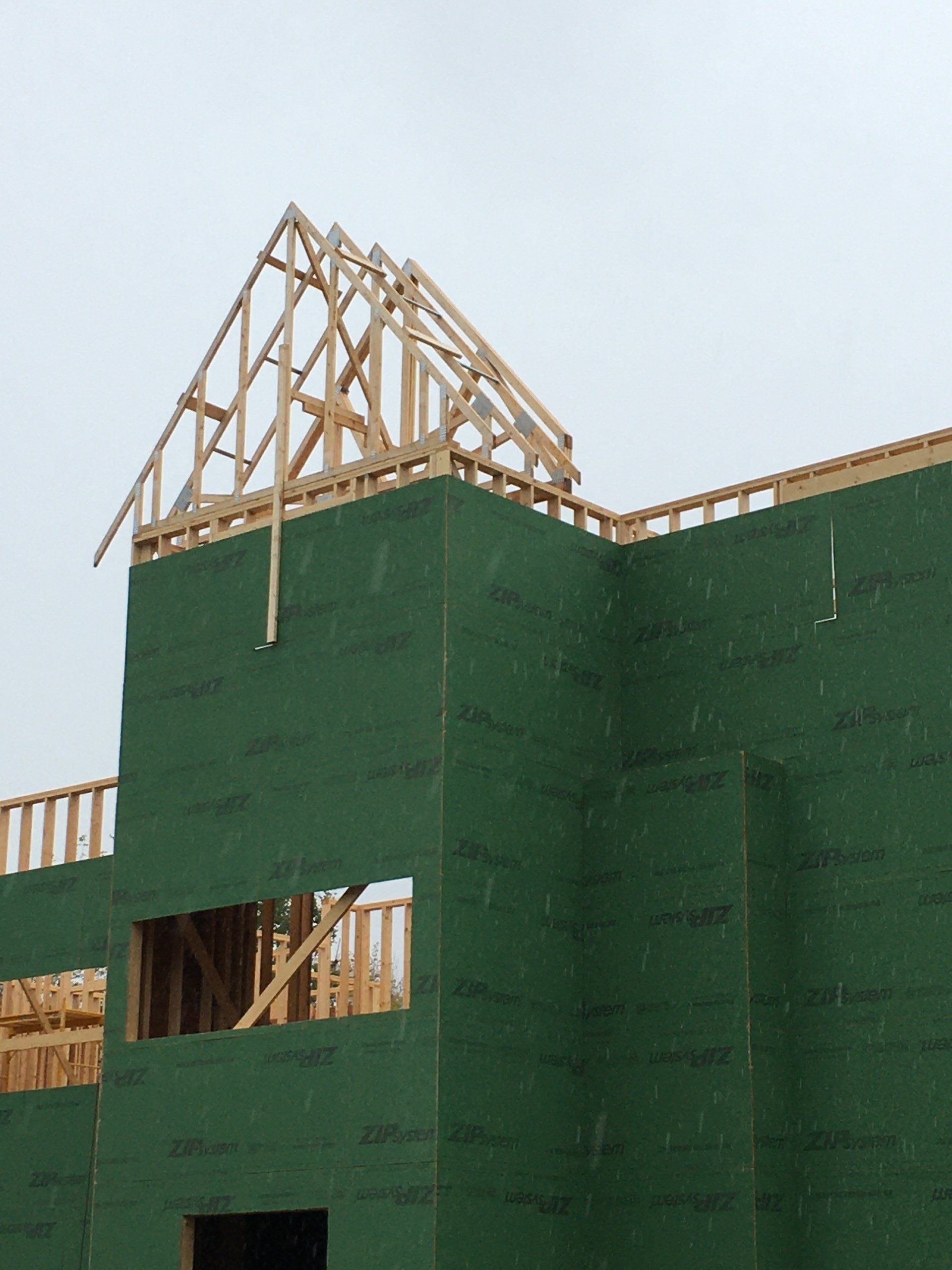 A green building under construction with a wooden roof