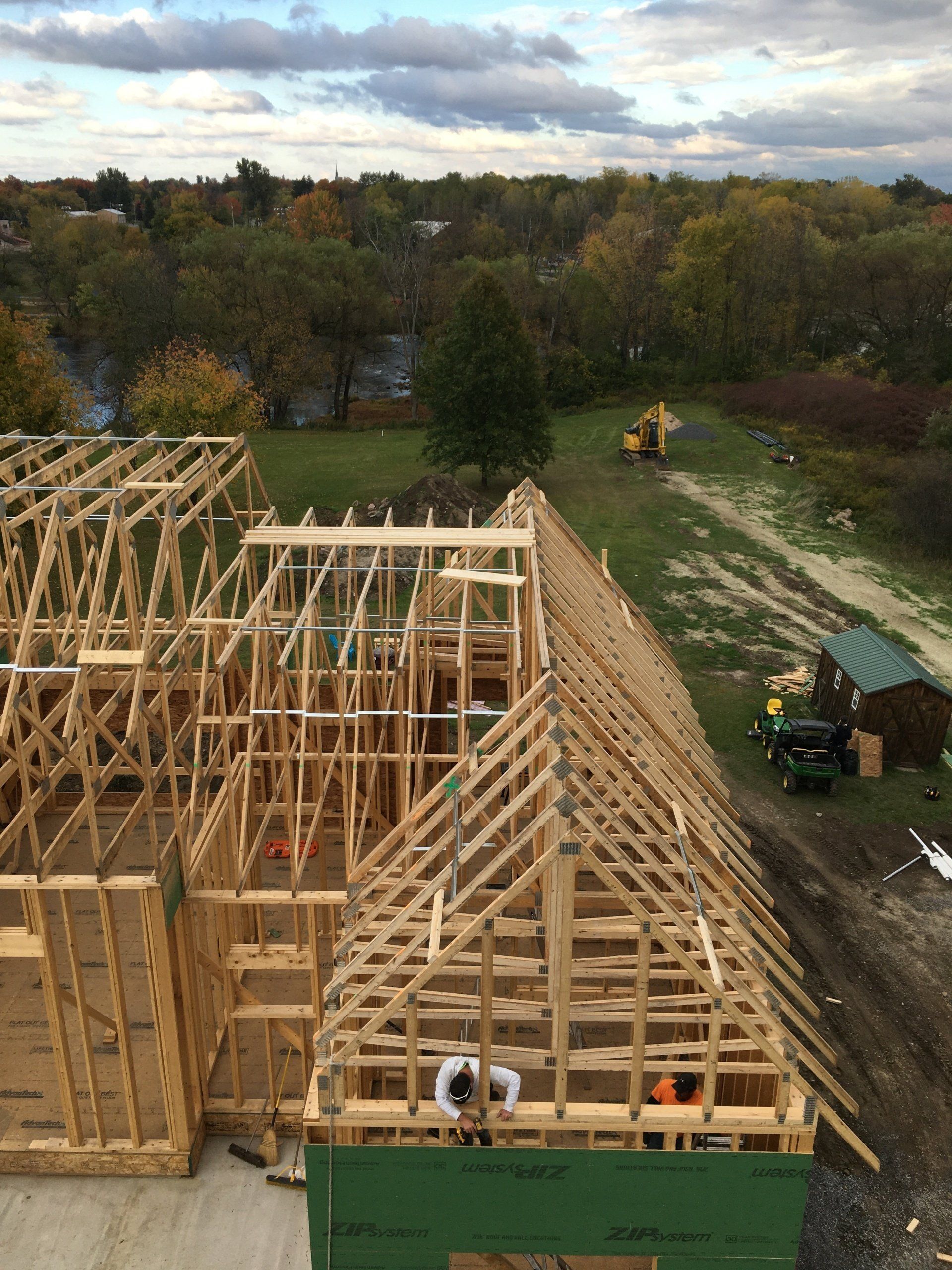 An aerial view of a house under construction.