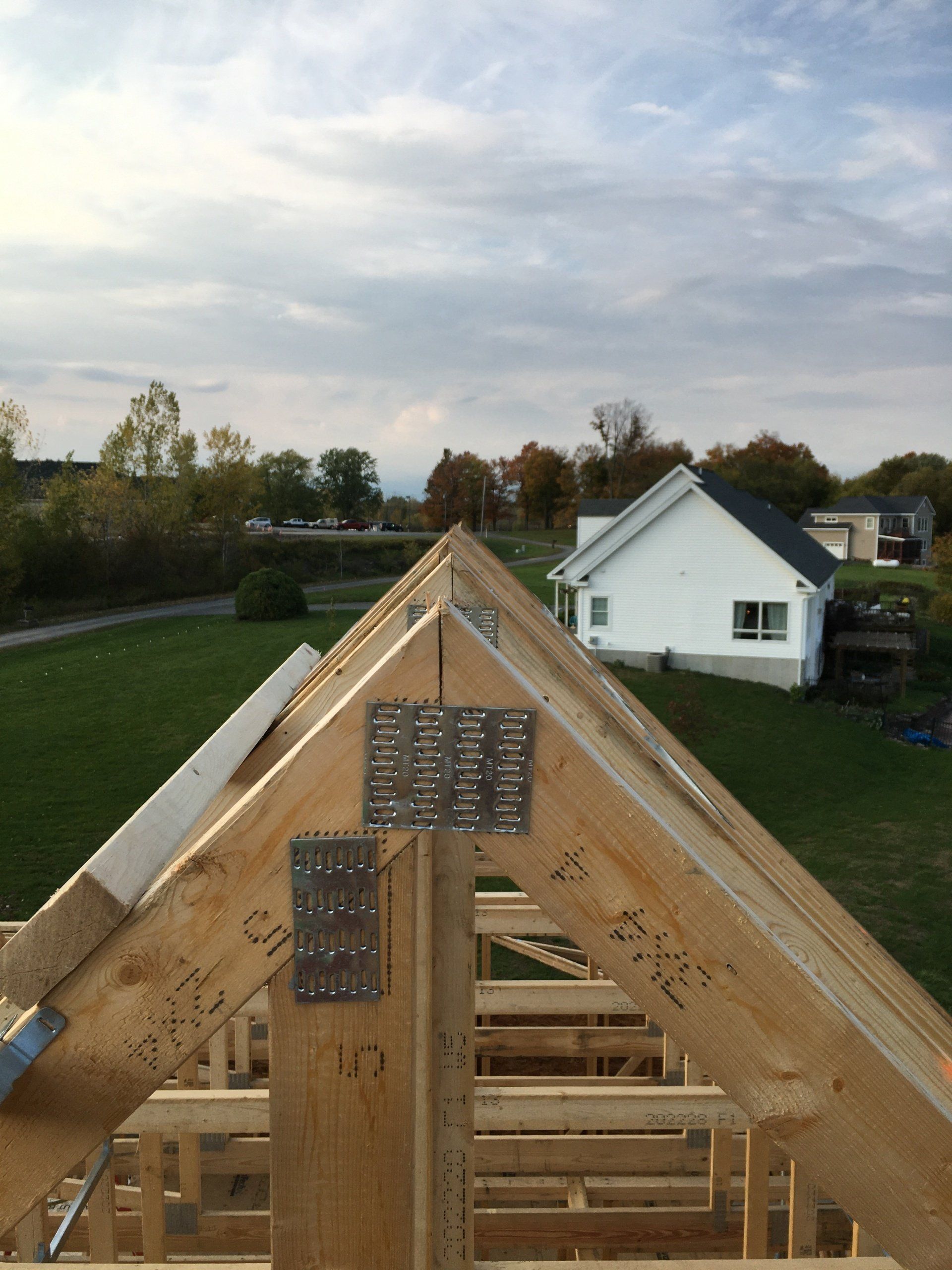 The roof of a house that is being built