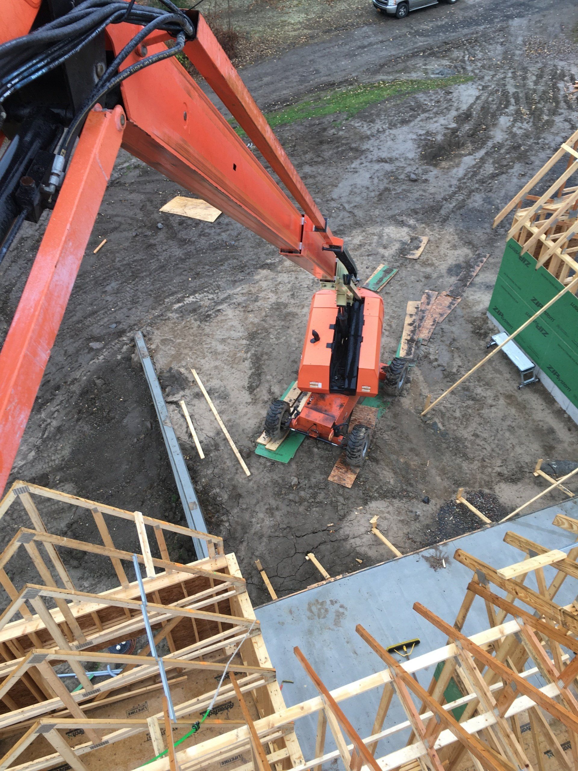 An aerial view of a crane on a construction site