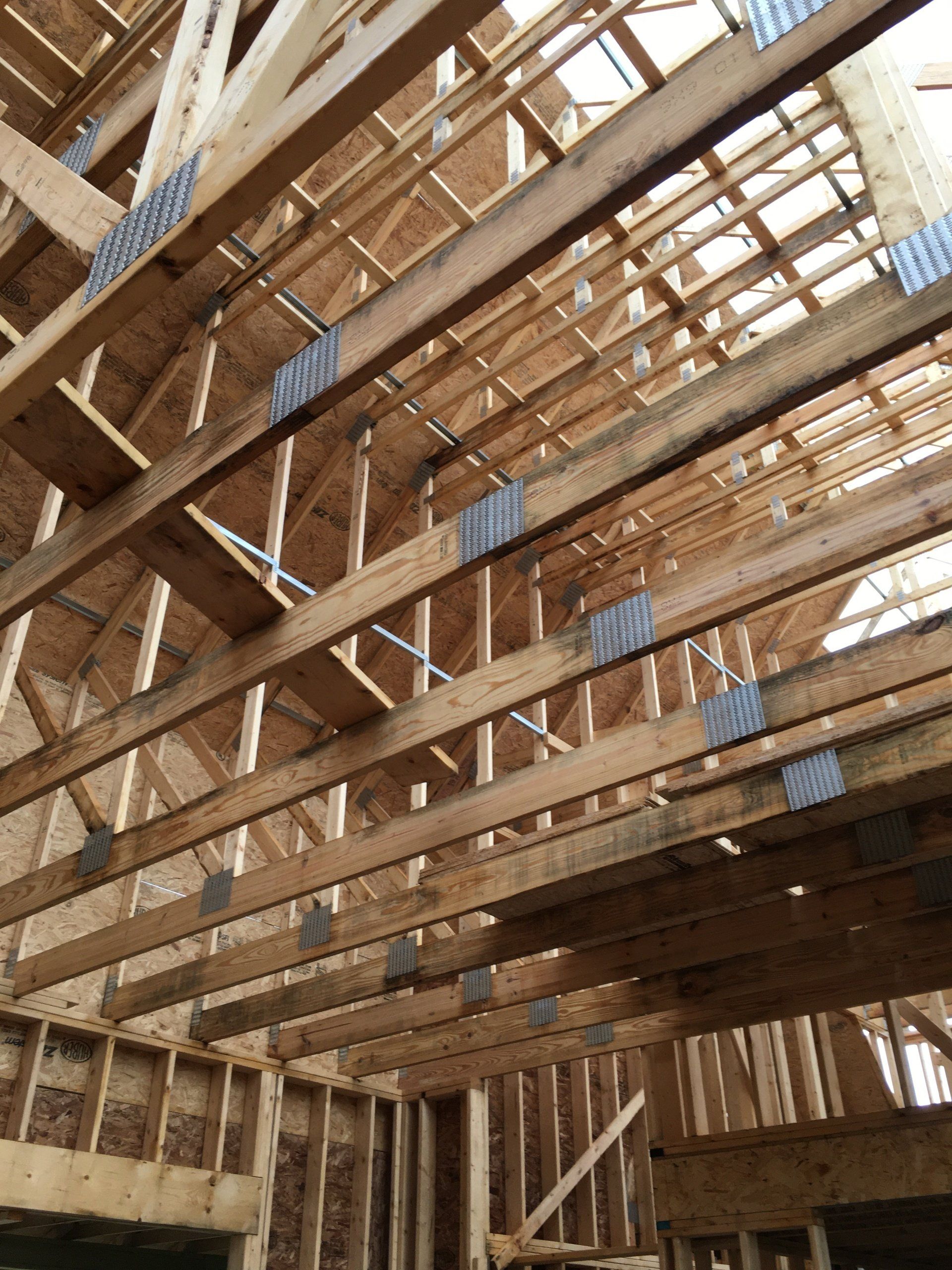 Looking up at the ceiling of a building under construction.