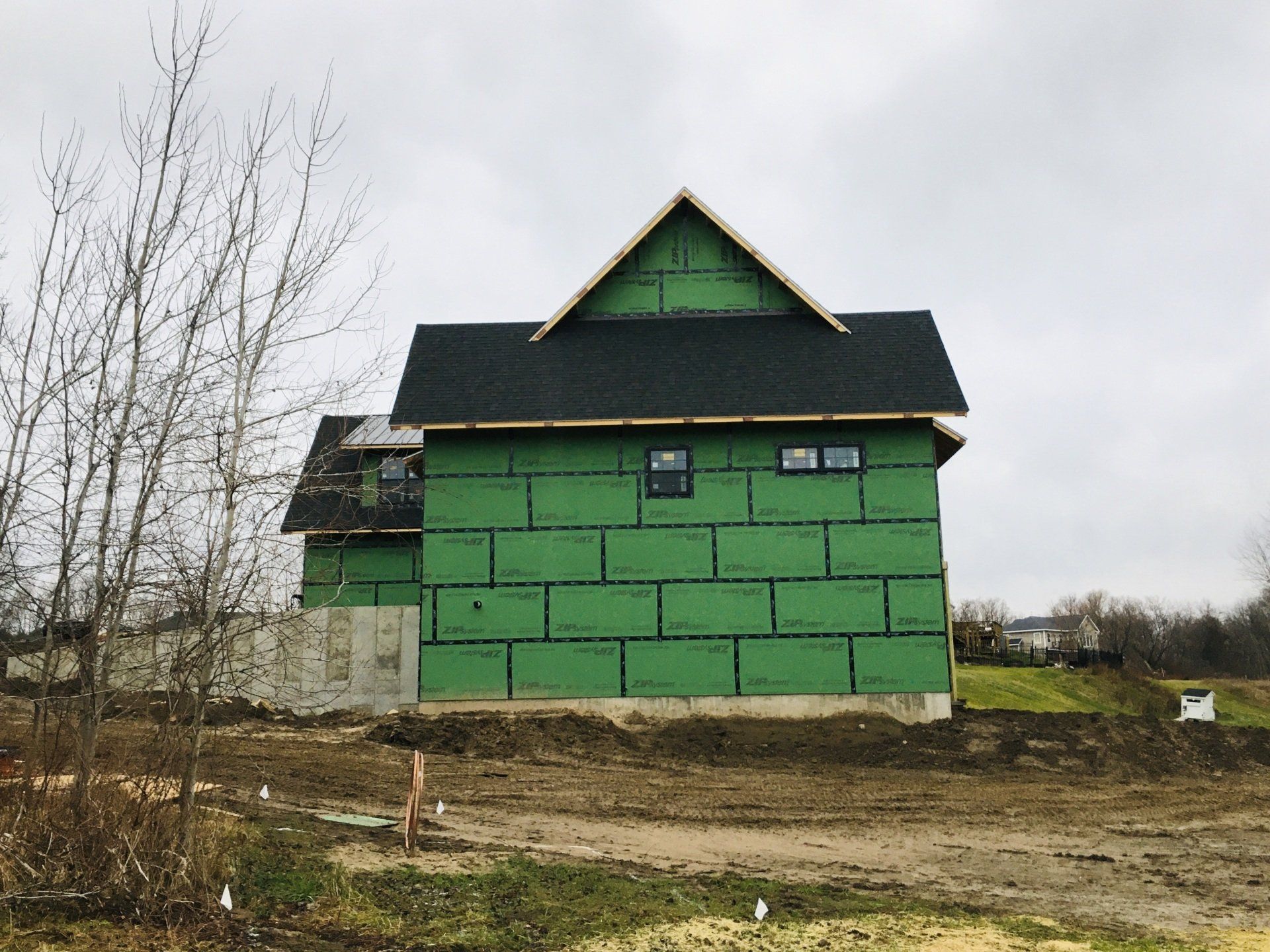 A house is being built with green siding and a black roof.