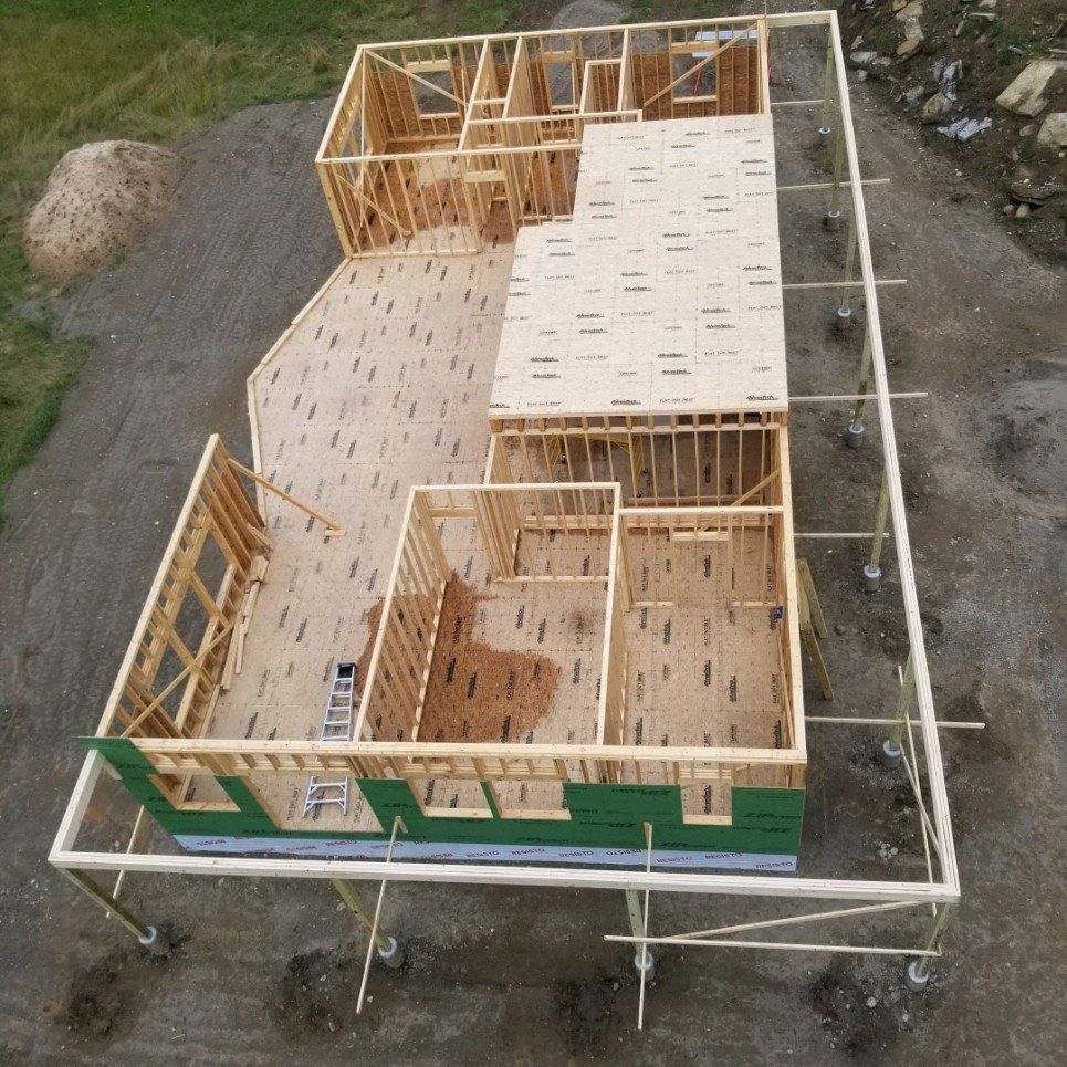 An aerial view of a house under construction