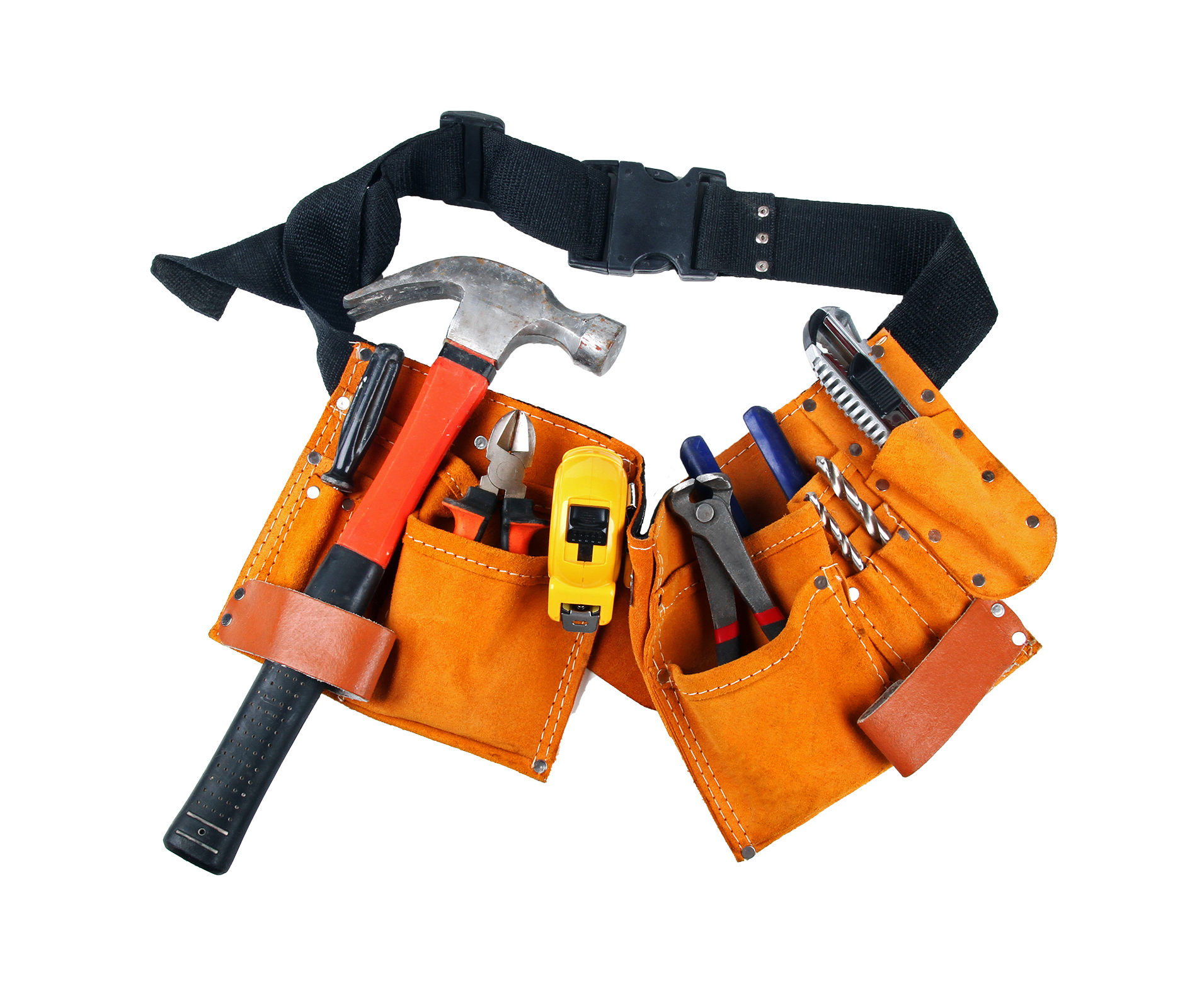 A tool belt with a hammer and pliers in it