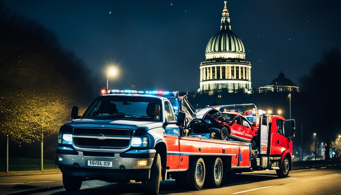 A tow truck is carrying a car in front of a building at night.