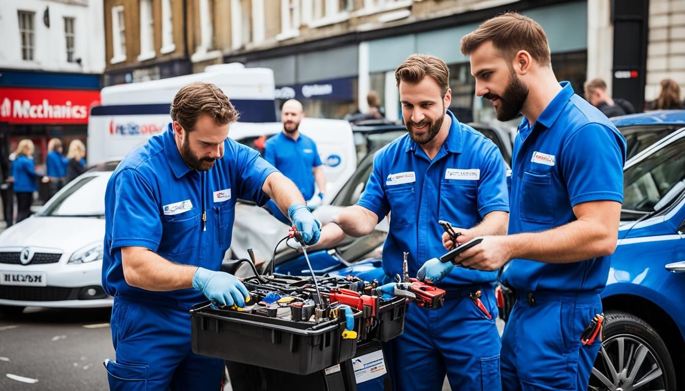 A group of mechanics are working on a car on a city street.