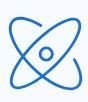 A blue line drawing of an atom with a circle in the middle.