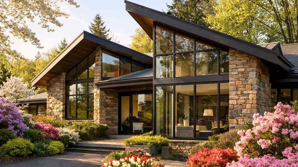 Stone house with dark roof and trim, green lawn, trees, and blue sky.