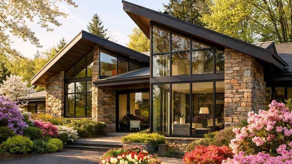 Stone house with dark roof and trim, green lawn, trees, and blue sky.