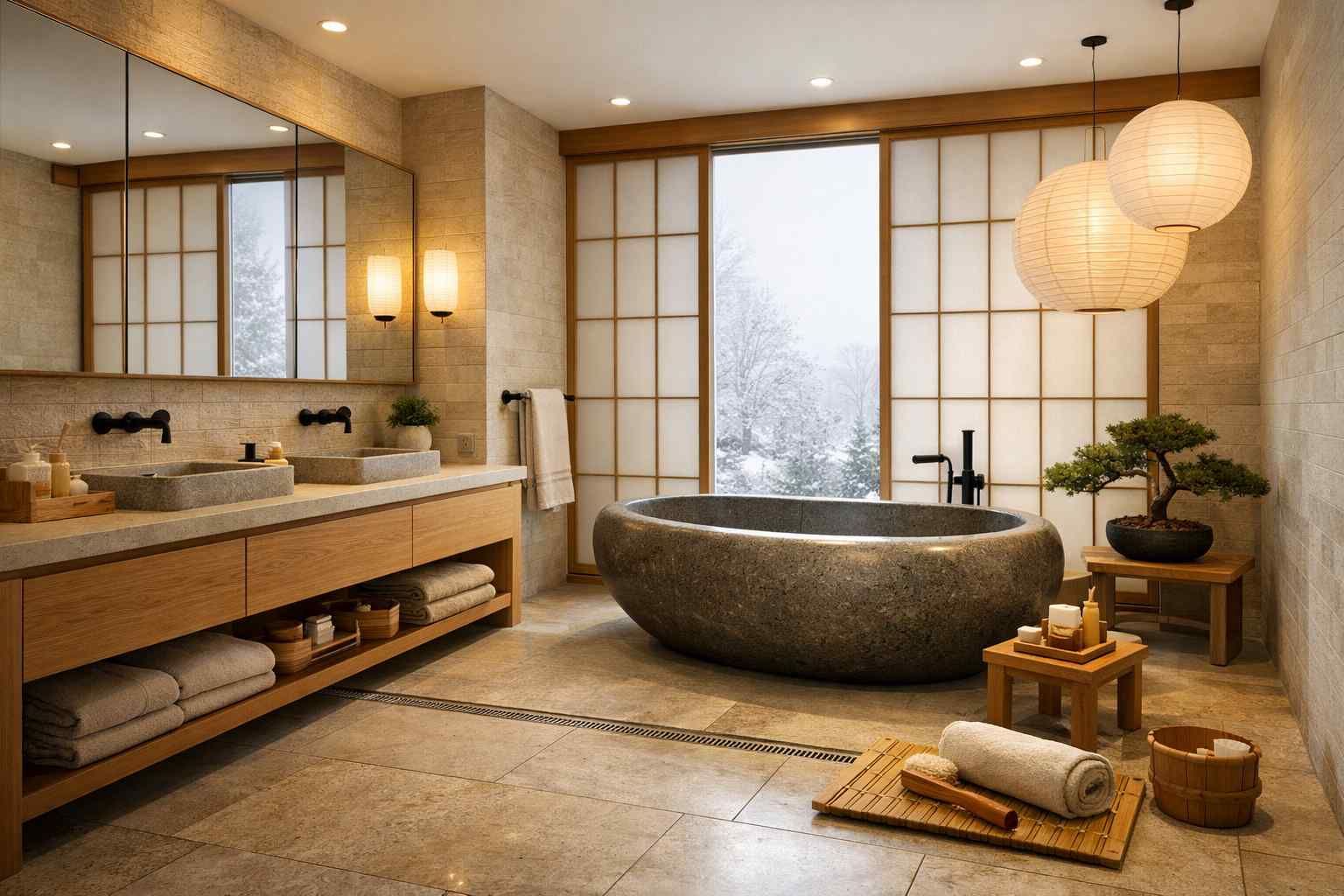 A luxurious Japanese-style bathroom with a stone soaking tub, wooden vanity, shoji screens, and paper pendant lights.