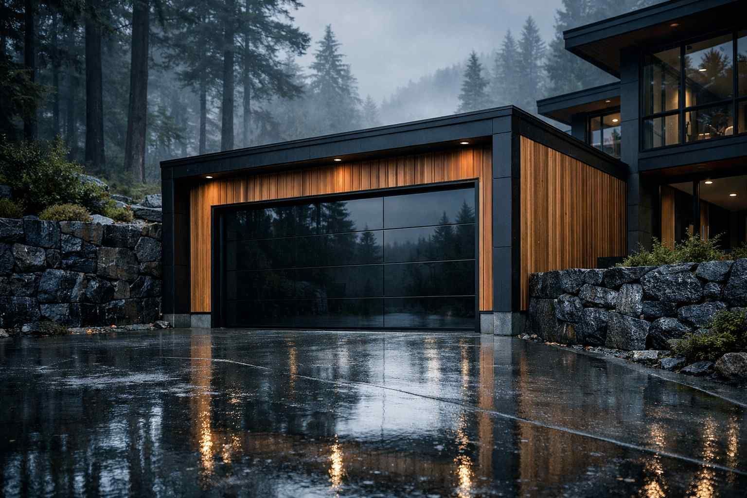 Modern house with a large black glass garage door and vertical wood siding, set in a rainy, forested landscape.