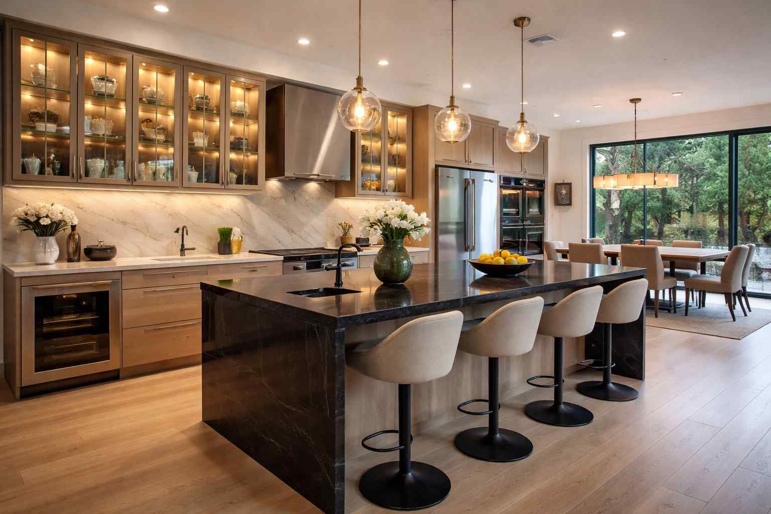 A modern kitchen with light wood cabinets, black countertops, an island with four beige bar stools, and a dining area.