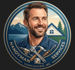 Circular logo for Handyman Services in Vancouver, BC, featuring a smiling professional, tools, and a mountain landscape.